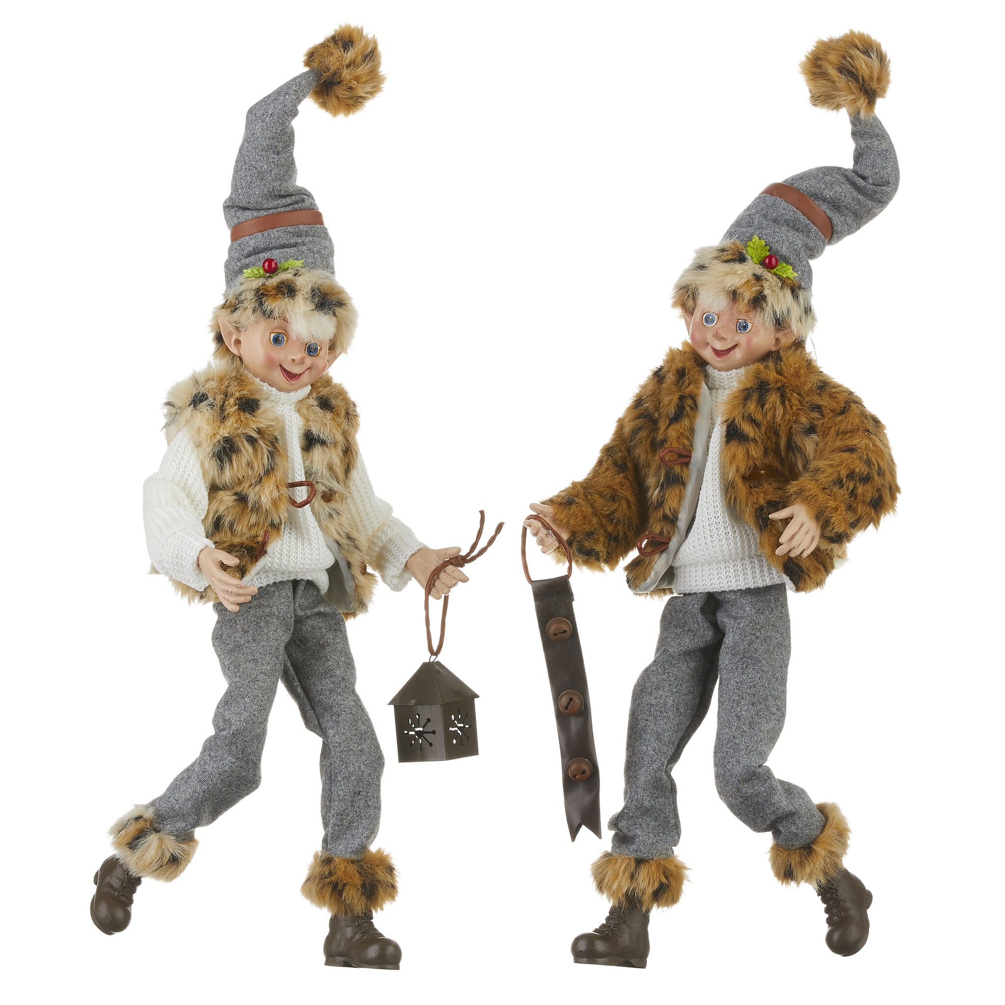 16 Inch Cozy Knit White Christmas Posable Elf Figures SET OF 2